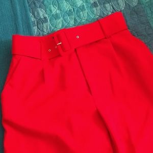 Zara Red High-waisted Pants with Belt Sz L